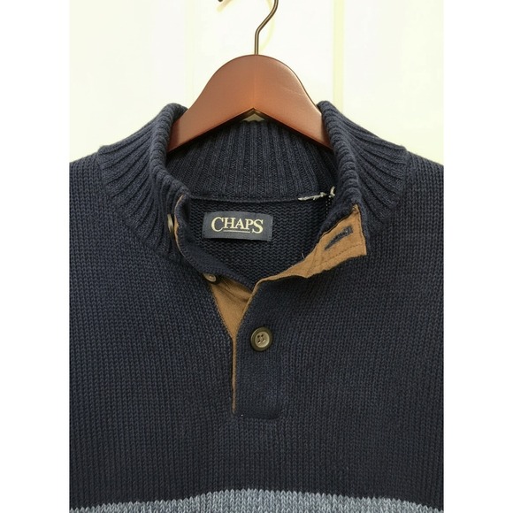 Chaps Old Money Sweater Men's XXL Navy stripe Cotton Pullover Elbow Patches Soft - Picture 8 of 11
